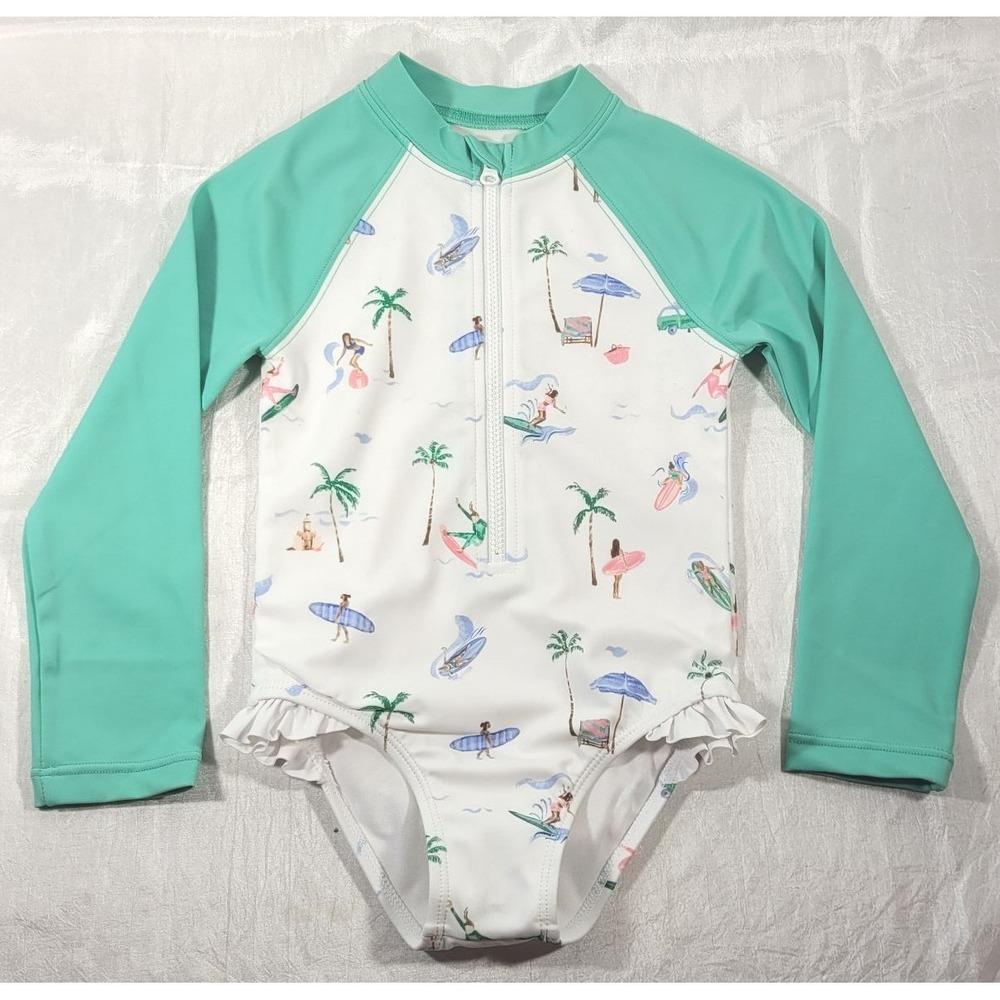 Janie & Jack Baby Long Sleeve Rashguard - Surfing Palm Trees - White/Green - 2T